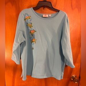 Quacker Factory Light Blue Embroidered Long Sleeve Top